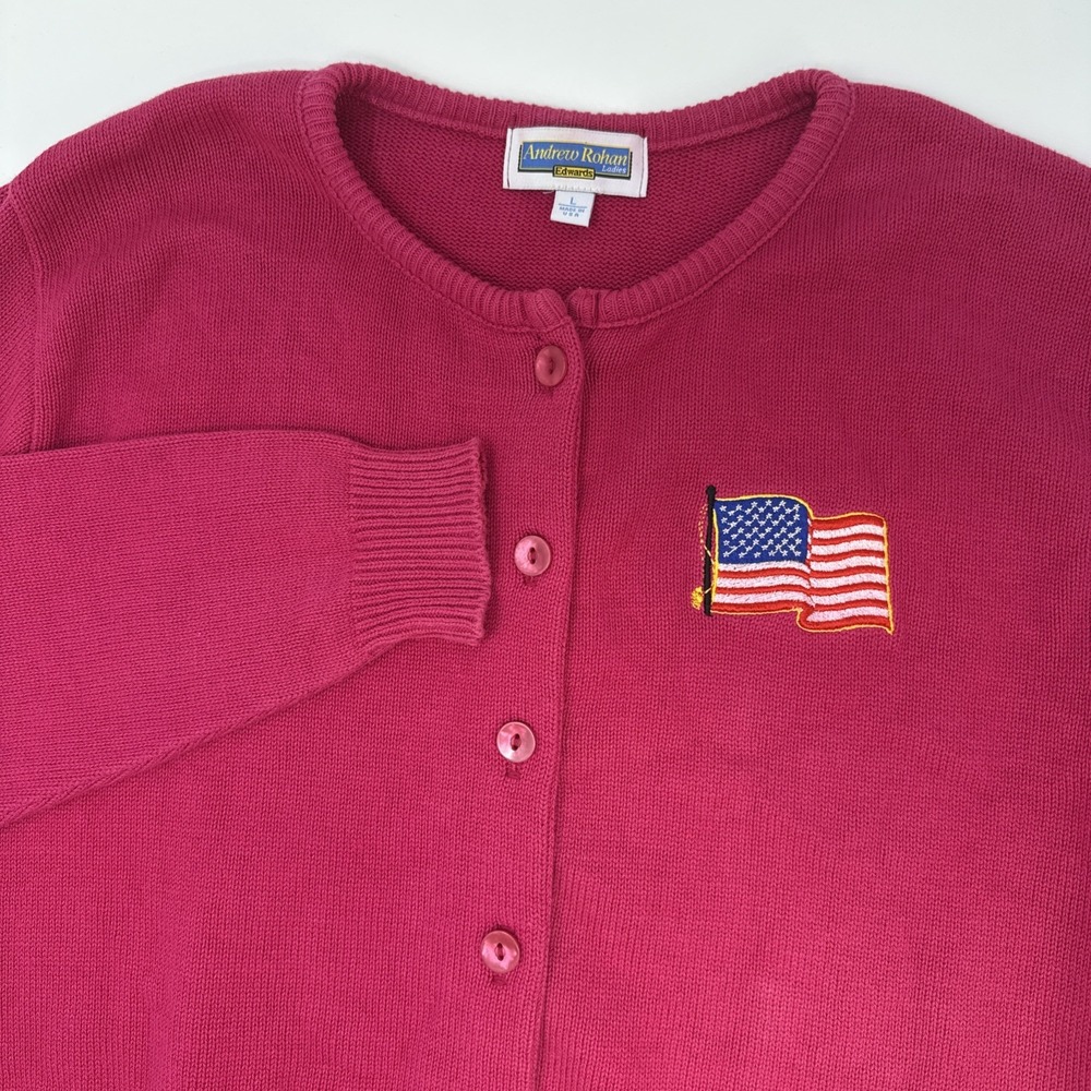 Vintage Andrew Rohan Cardigan Sweater USA Flag Embroidered Womens Large USA Made